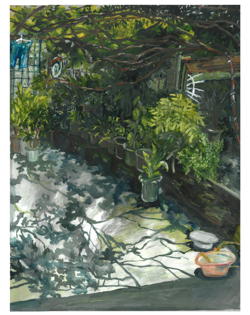 painting of a garden patio area