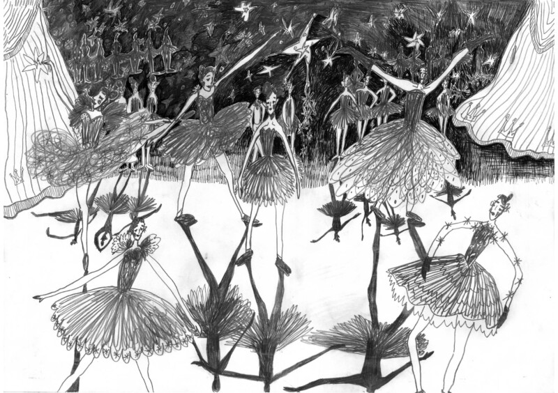 black and white illustration of fairy figures