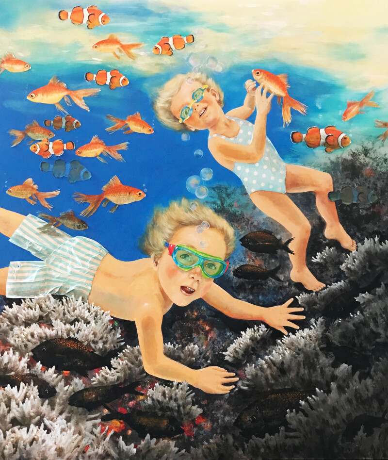 painting of two children exploring under the sea