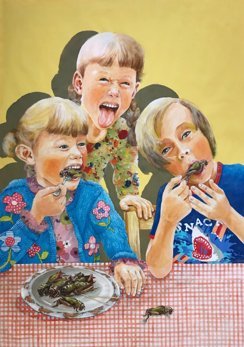 painting of three children eating